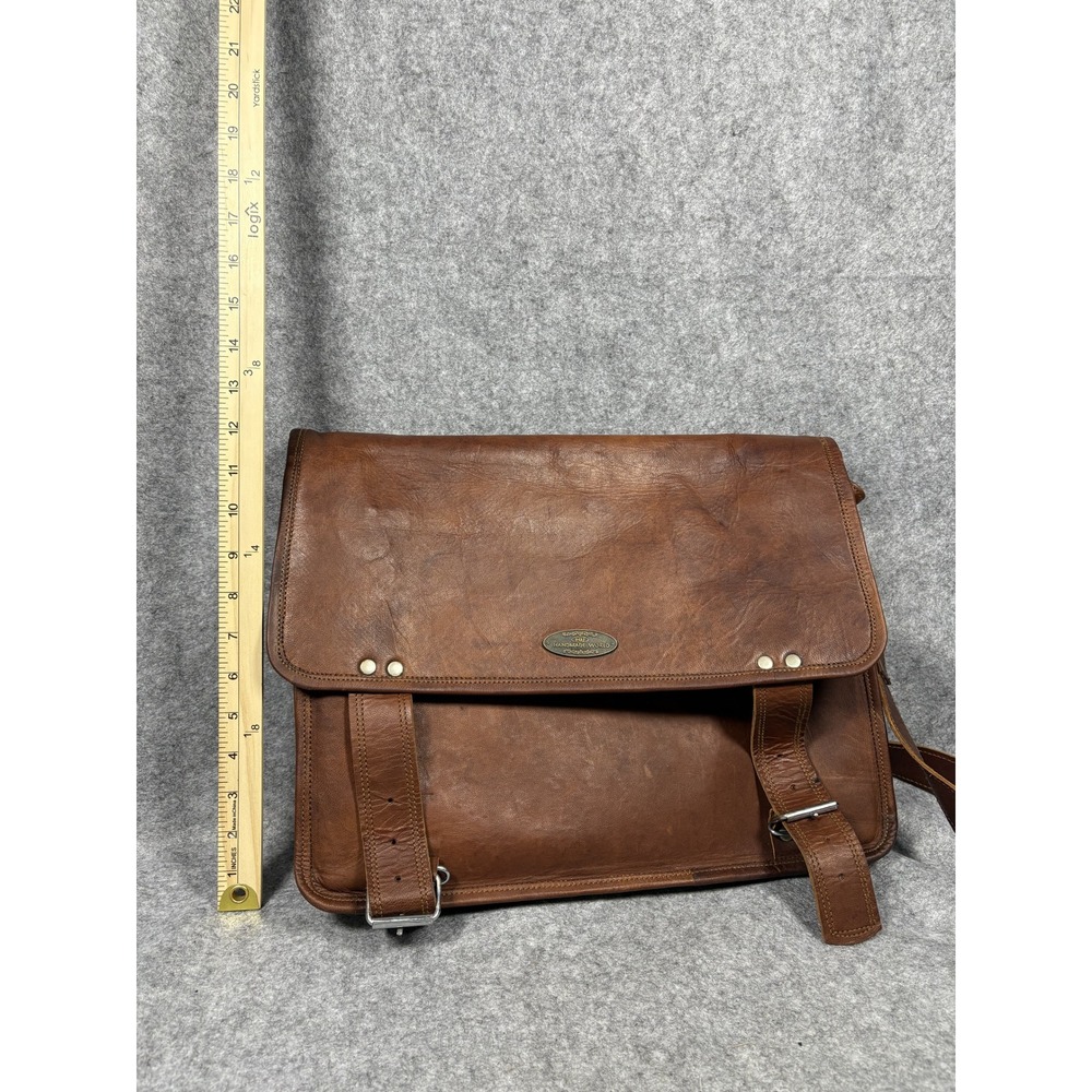 Handmade World Messenger Bag Large Brown Leather Vintage Laptop Satchel - Picture 8 of 16